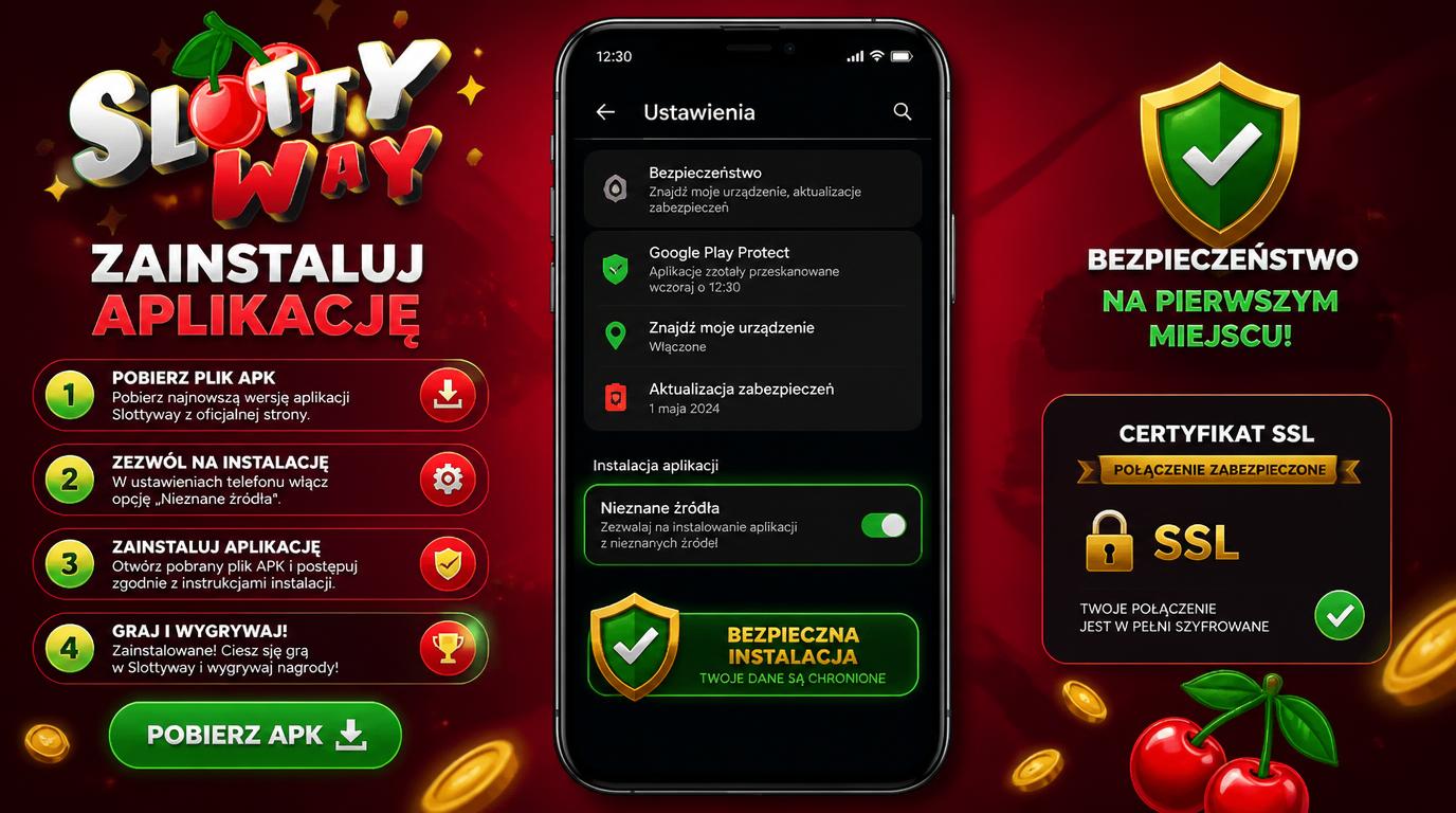 Telefon ze ekranem instalacji APK z napisem „Nieznane źródła”, ikona tarczy z kłódką, certyfikat SSL widoczny w adresie URL