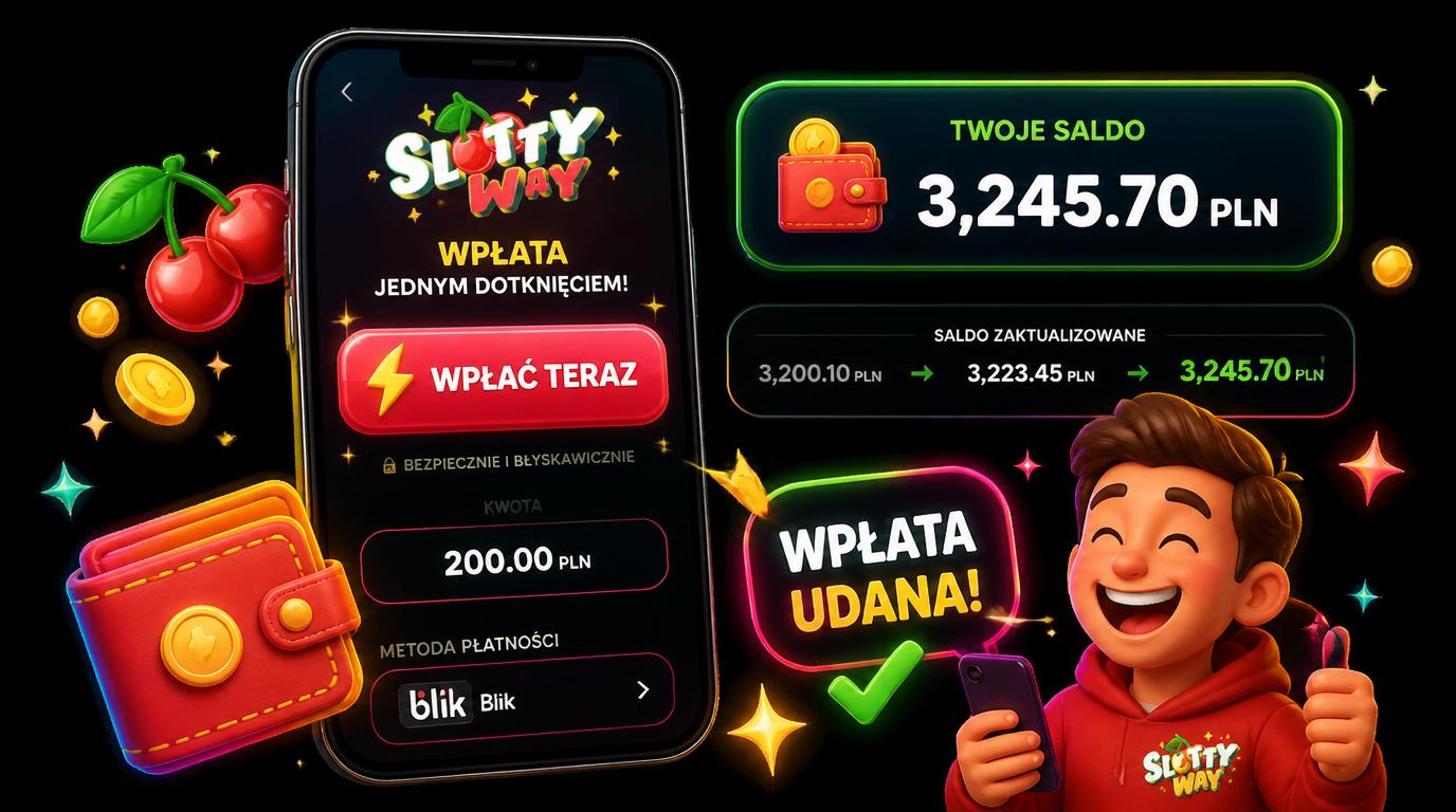 Telefon z symbolem portfela i monety, przycisk „One-Tap Deposit”, saldo po wpłacie
