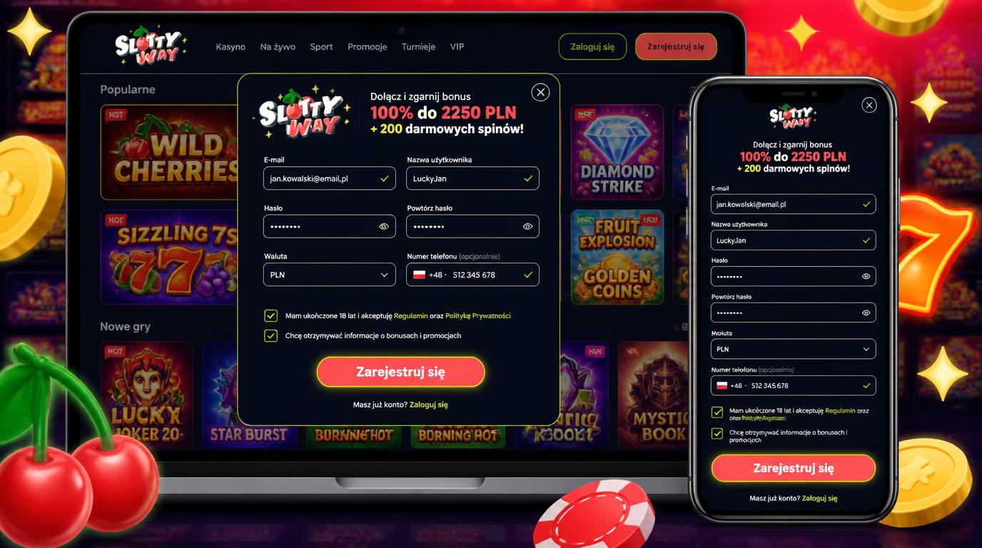 formularz rejestracji Slottyway pokazany na ekranie komputera i telefonu