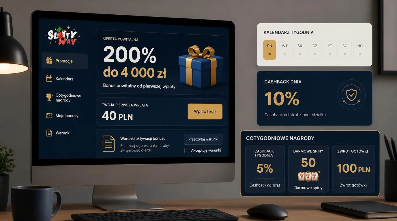 Panel promocji kasynowych z bonusem 200% do 4 000 zł, minimalną wpłatą 40 PLN i kalendarzem cashbacku